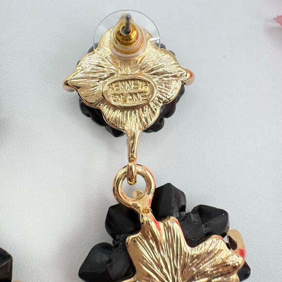 Rare Kenneth Jay Lane Black Resin Flower Drop Earrings Duster Statement Floral - Picture 11 of 14